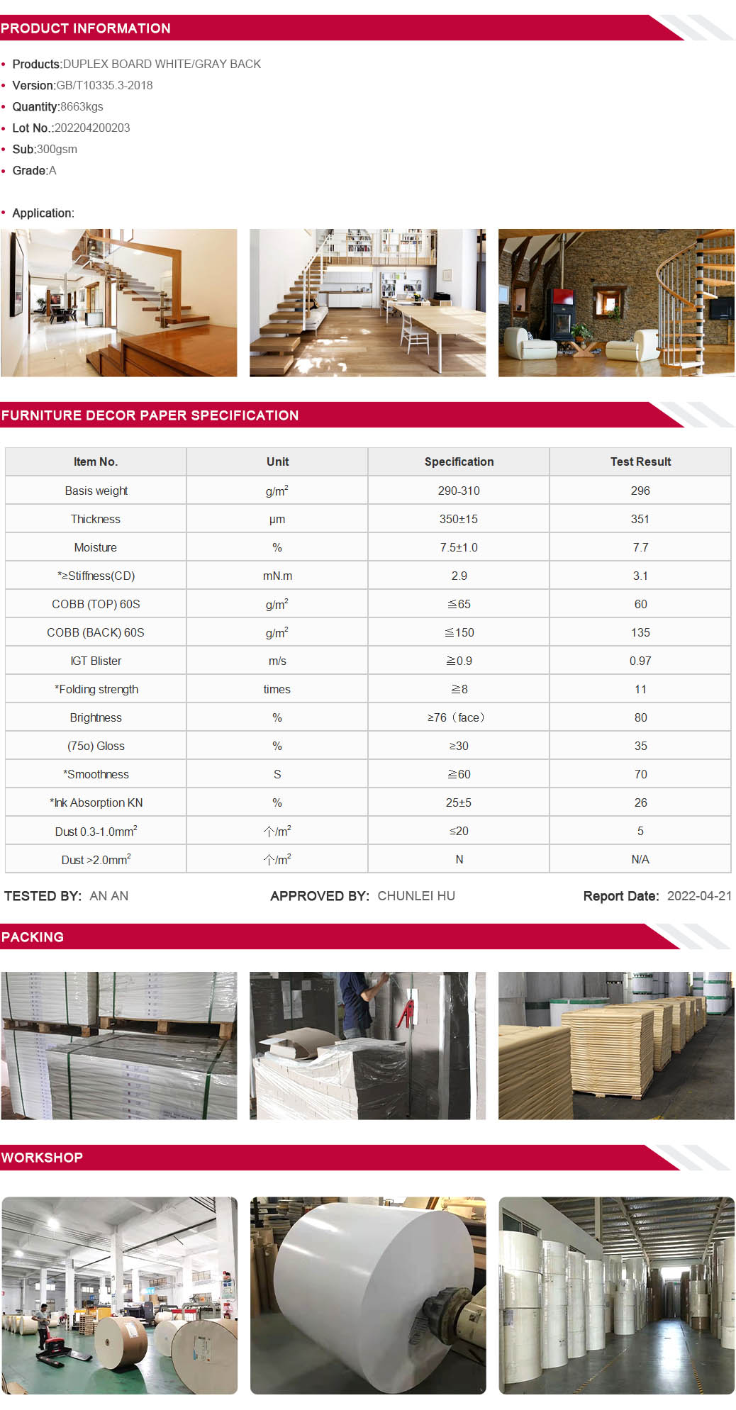 furniture lining paper product